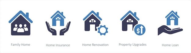 Un conjunto de 5 iconos de negocios como el seguro de hogar de la familia