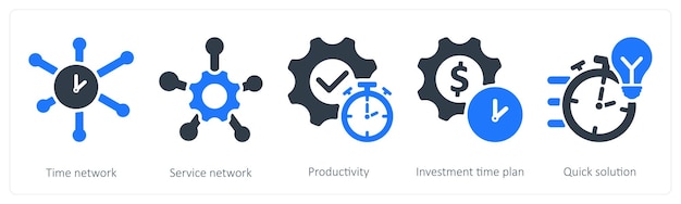 Un conjunto de 5 iconos de negocios como servicio de red de tiempo productividad de red