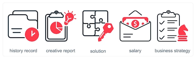 Un conjunto de 5 iconos de negocios como solución de informe creativo de registro de historia