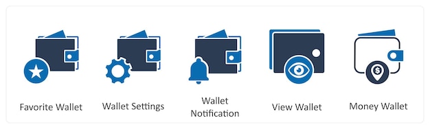 Un conjunto de 5 iconos de negocios como su billetera favorita configuraciones de billetera notificación de billetera