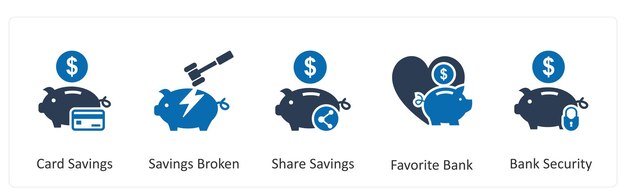 Un conjunto de 5 iconos de negocios como tarjetas de ahorro ahorro de acciones rotas ahorro