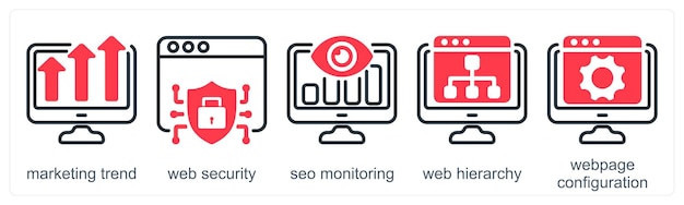 Un conjunto de 5 iconos de negocios como tendencia de marketing, seguridad web y monitoreo SEO