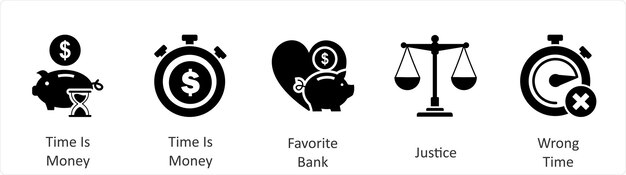 Un conjunto de 5 iconos de negocios como el tiempo es dinero favorito banco justicia