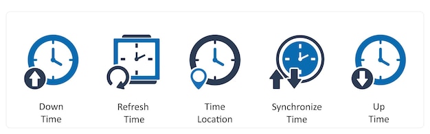 Un conjunto de 5 iconos de negocios como tiempo de inactividad, tiempo de actualización, tiempo de ubicación