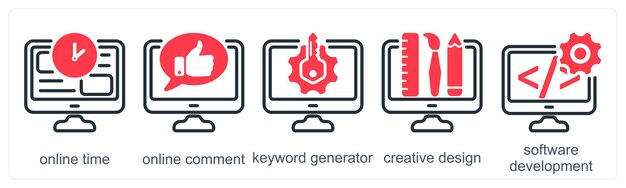 Un conjunto de 5 iconos de negocios como tiempo en línea generador de palabras clave de comentarios en línea