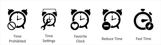 Un conjunto de 5 iconos de negocios como tiempo prohibido ajustes de tiempo reloj favorito
