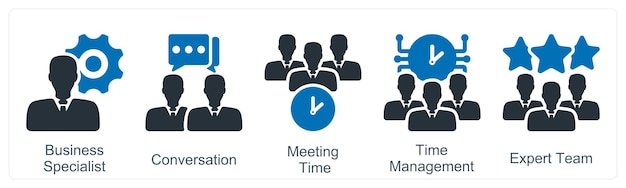 Un conjunto de 5 iconos de negocios como tiempo de reunión de conversación de especialistas en negocios