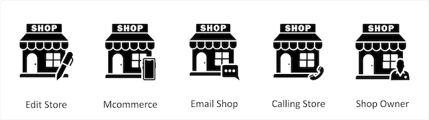 Un conjunto de 5 iconos de negocios como tienda de edición m tienda de correo electrónico de comercio