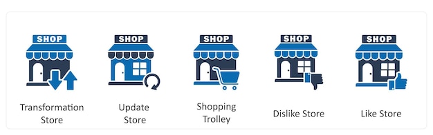 Un conjunto de 5 iconos de negocios como transformación de la tienda de actualización de la tienda del carrito de compras