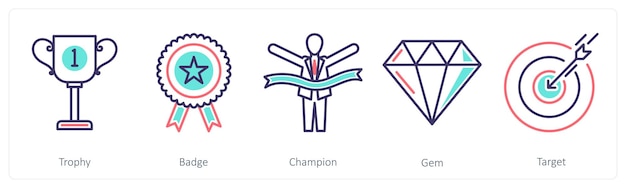 Un conjunto de 5 íconos de negocios como trofeo insignia campeón