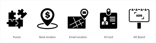 Un conjunto de 5 iconos de negocios como ubicación de banco de rompecabezas ubicación de correo electrónico