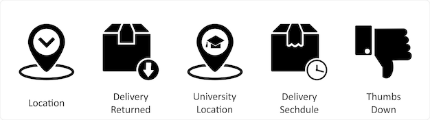 Un conjunto de 5 iconos de negocios como ubicación de entrega regresó a la ubicación de la universidad