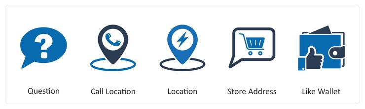Vector un conjunto de 5 iconos de negocios como ubicación de llamada de pregunta