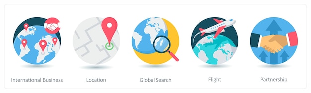 Un conjunto de 5 iconos de negocios como ubicación de negocios internacionales búsqueda global