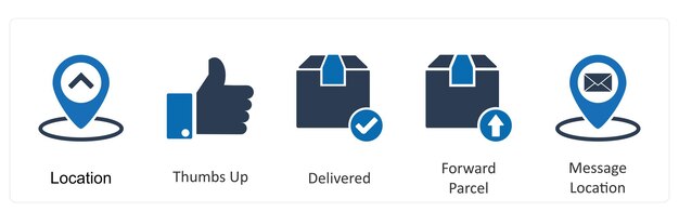 Un conjunto de 5 iconos de negocios como la ubicación pulgares hacia arriba entregados