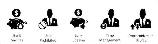 Un conjunto de 5 iconos de negocios como usuario de ahorro bancario prohibido orador bancario