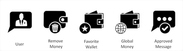 Un conjunto de 5 iconos de negocios como usuario eliminar dinero billetera favorita