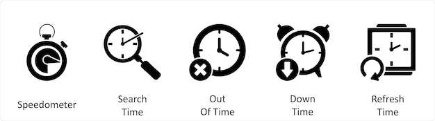 Un conjunto de 5 iconos de negocios como el velocímetro de búsqueda de tiempo fuera de tiempo