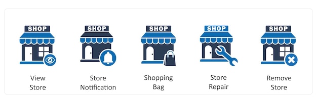 Un conjunto de 5 iconos de negocios como vista tienda tienda notificación bolsa de compras