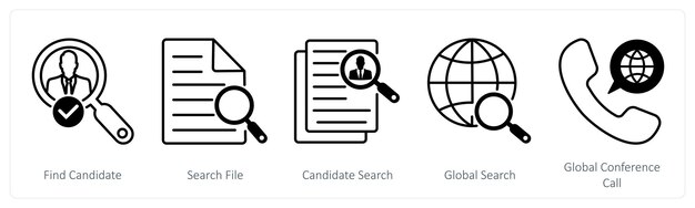 Un conjunto de 5 íconos de negocios y oficina como encontrar candidato búsqueda de archivo búsqueda global