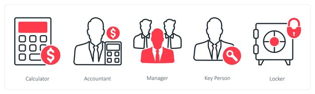 Un conjunto de 5 íconos de negocios y oficina como gerente de contabilidad calculadora