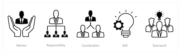Un conjunto de 5 íconos de negocios y oficinas como habilidad de coordinación de la responsabilidad del mentor