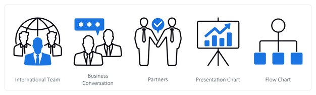 Un conjunto de 5 íconos de negocios y oficinas como socios de conversación de negocios de equipos internacionales