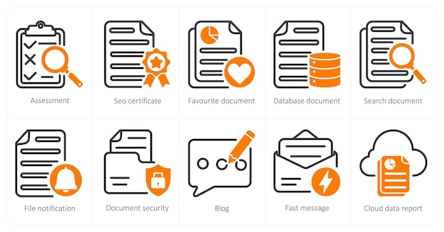 Un conjunto de 5 iconos de negocios y SEO como documento favorito del certificado de evaluación SEO