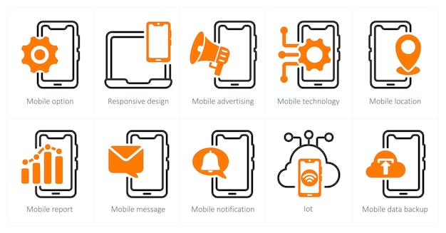 Un conjunto de 5 iconos de negocios y SEO como opción móvil de diseño responsivo de publicidad móvil