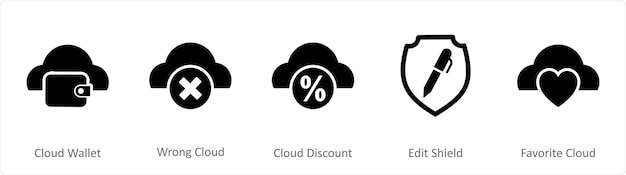 Un conjunto de 5 íconos negros de Internet como billetera en la nube descuento en la nube equivocado