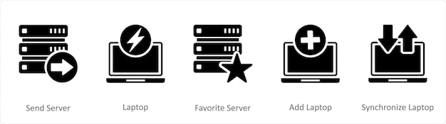 Un conjunto de 5 íconos negros de Internet como compras en línea reciben mantenimiento de servidor portátil