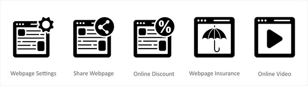 Un conjunto de 5 iconos negros de Internet como configuraciones de página web compartir página web descuento en línea
