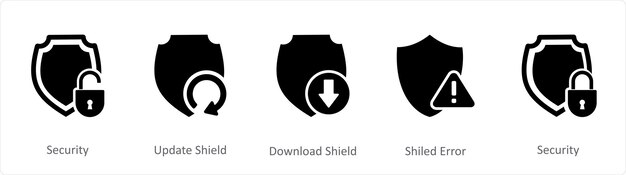 Un conjunto de 5 iconos negros de Internet como escudo de actualización de seguridad escudo de descarga