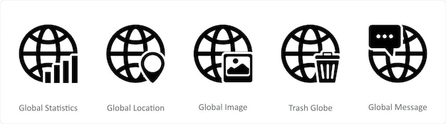 Un conjunto de 5 iconos negros de Internet como estadísticas globales ubicación global imagen global