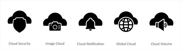 Un conjunto de 5 íconos negros de Internet como notificación de seguridad de imagen de nube de nube