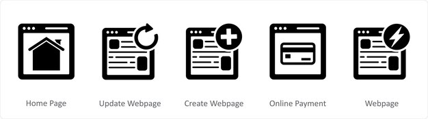 Un conjunto de 5 iconos negros de Internet como página de inicio actualización de página web crear página web