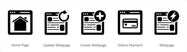 Un conjunto de 5 iconos negros de internet como página de inicio actualización de página web crear página web