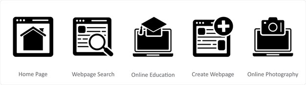 Un conjunto de 5 íconos negros de Internet como página de inicio página web búsqueda educación en línea
