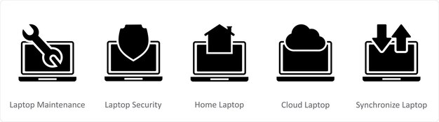Un conjunto de 5 íconos negros de Internet como portátil de mantenimiento portátil de seguridad portátil de casa