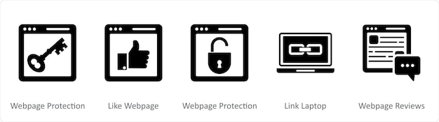 Un conjunto de 5 íconos negros de Internet como protección de la página web como el enlace de la pagina web del portátil