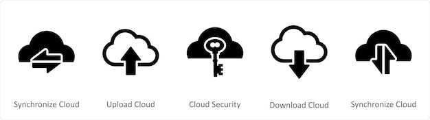 Un conjunto de 5 íconos negros de Internet como sincronizar la nube cargar nube seguridad de la nube