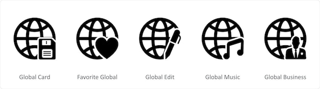Un conjunto de 5 íconos negros de Internet como tarjeta global favorita global global editar