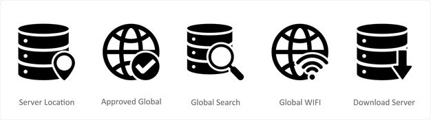 Un conjunto de 5 iconos negros de Internet como ubicación del servidor aprobada búsqueda global global