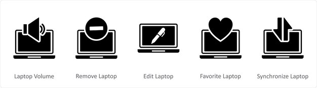 Un conjunto de 5 íconos negros de Internet como volumen de portátil eliminar portátil editar portátil