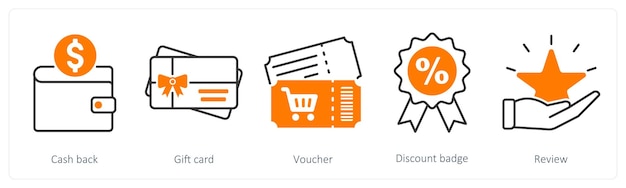 Un conjunto de 5 íconos de oferta y venta como cupón de tarjeta de regalo de devolución de dinero