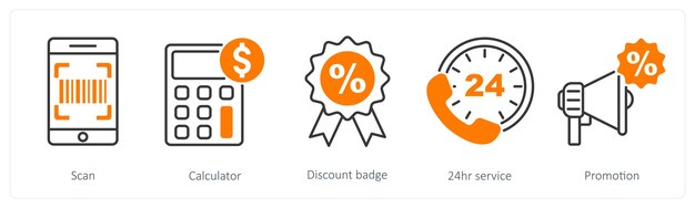 Un conjunto de 5 iconos de oferta y venta como insignia de descuento de la calculadora de escaneo