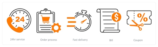 Un conjunto de 5 iconos de oferta y venta como proceso de orden de servicio de 24 horas entrega rápida