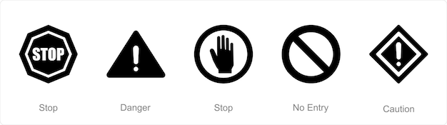 Un conjunto de 5 iconos de peligro de peligro como detener el peligro sin entrada