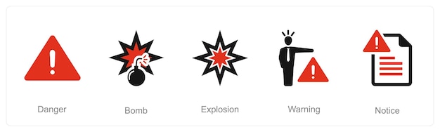 Un conjunto de 5 iconos de peligro de peligro como explosión de bomba de peligro