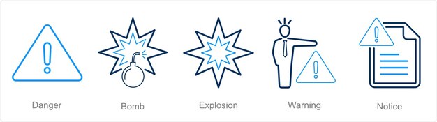 Un conjunto de 5 iconos de peligro de peligro como explosión de bomba de peligro